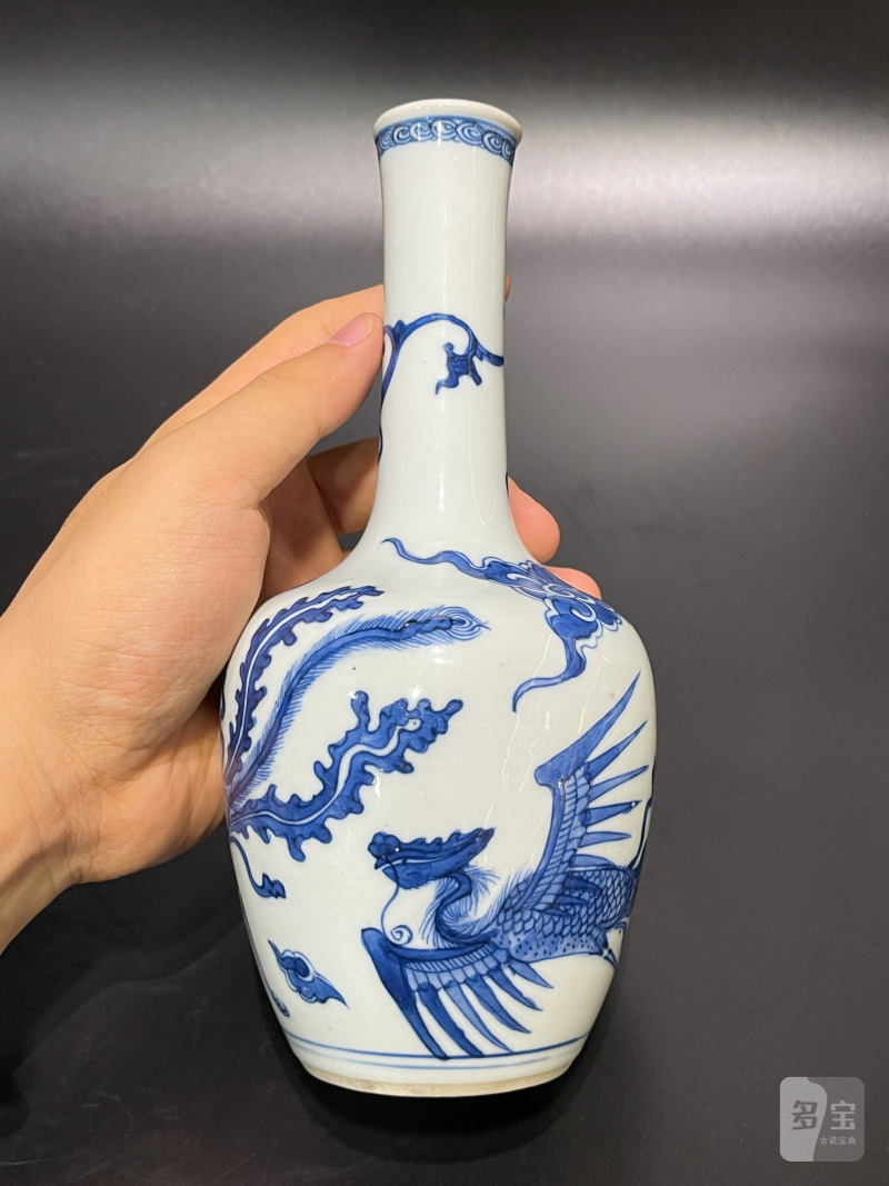清康熙 青花凤纹长颈瓶 - 图9